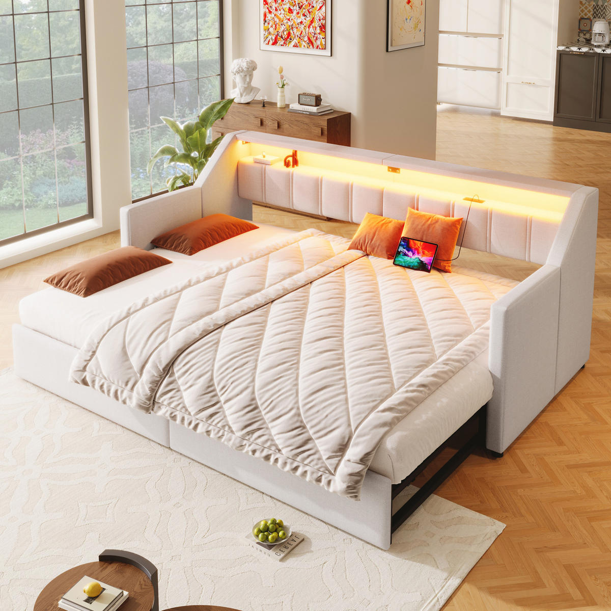 BETT aus Leinen 90x200 cm Beige mit USB, Typ-C, LED-Leiste und Ausziehfunktion - Beige, Textil (90/200cm) - Modfu
