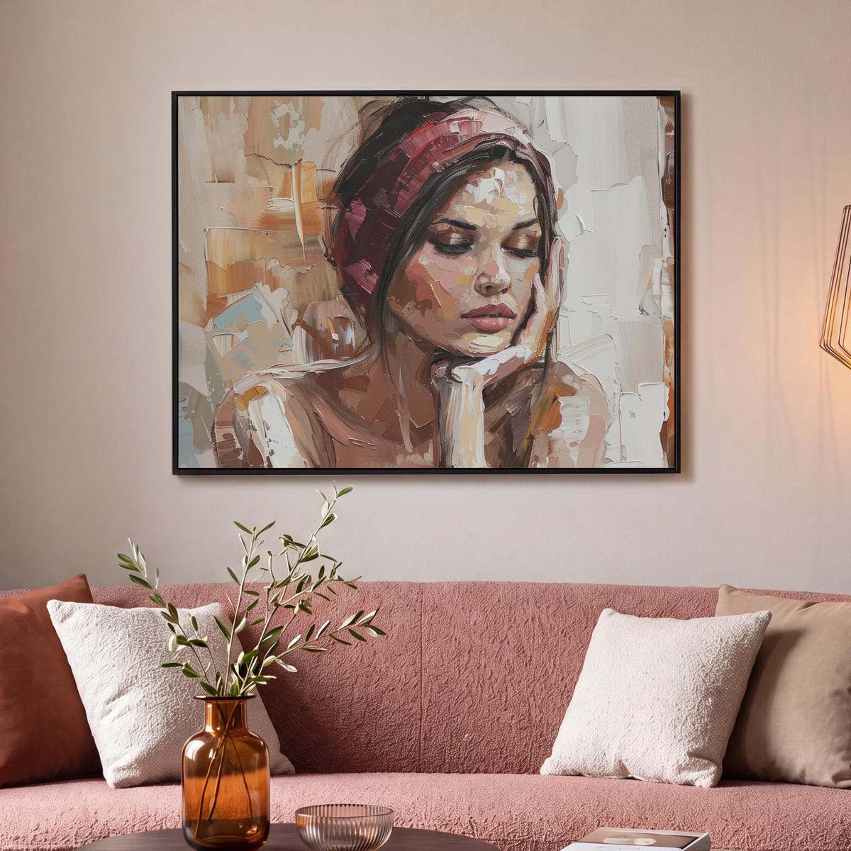 LEINWAND Bilder mit Rahmen - Frau - Lackierung - Porträt - Modern - 100x70 - Altrosa, Textil (100/70cm) - MuchoWow