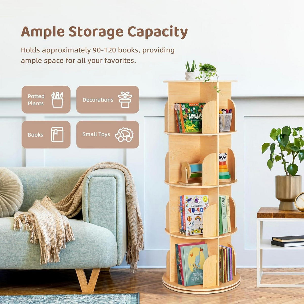 DREHBARES Bücherregal 360° mit 4 Etagen Holz 129 cm - Braun, Holzwerkstoff (50/129/50cm)