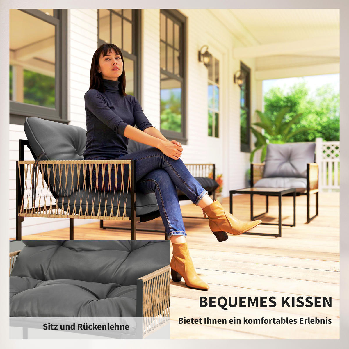SITZGRUPPE mit Kissen, 4 tlg. Rattan Gartenmöbel-Set, Sitzgarnitur für Garten, Braun - Dunkelgrau, Kunststoff - Outsunny