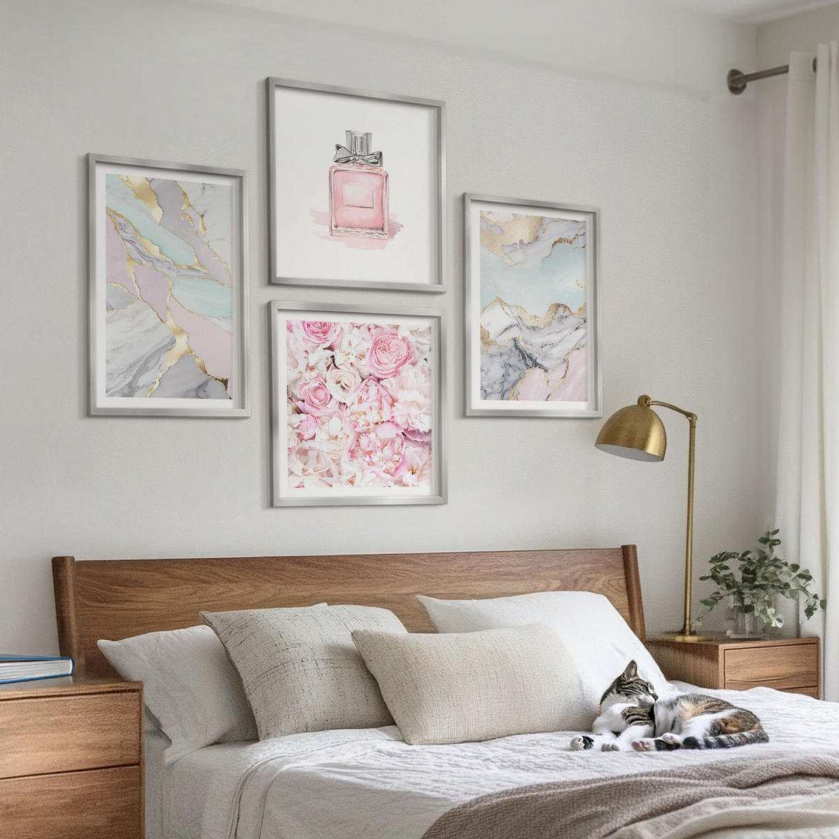 WANDBILDER 4er Set - 50x50 cm & 40x60 cm Silberner Rahmen - Rosa Blumen Marmor Pastell - Silberfarben, Kunststoff (50/50cm) - ArtPrintCave