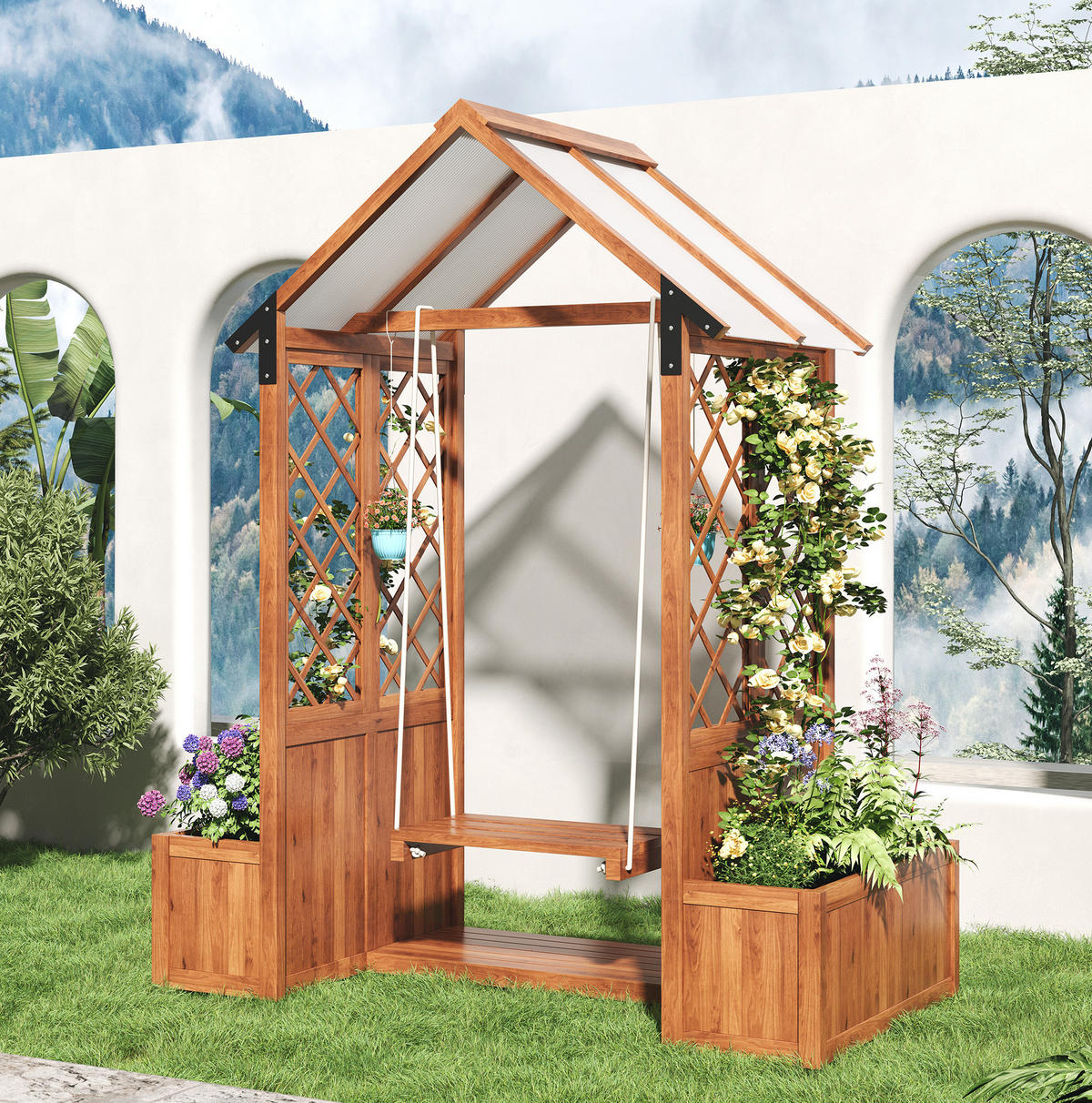 BLUMENKASTEN aus Massivholz 163x142x70 cm in Braun mit Rankgitter & Schaukel - Braun, Holz (70/163/142cm) - Modfu