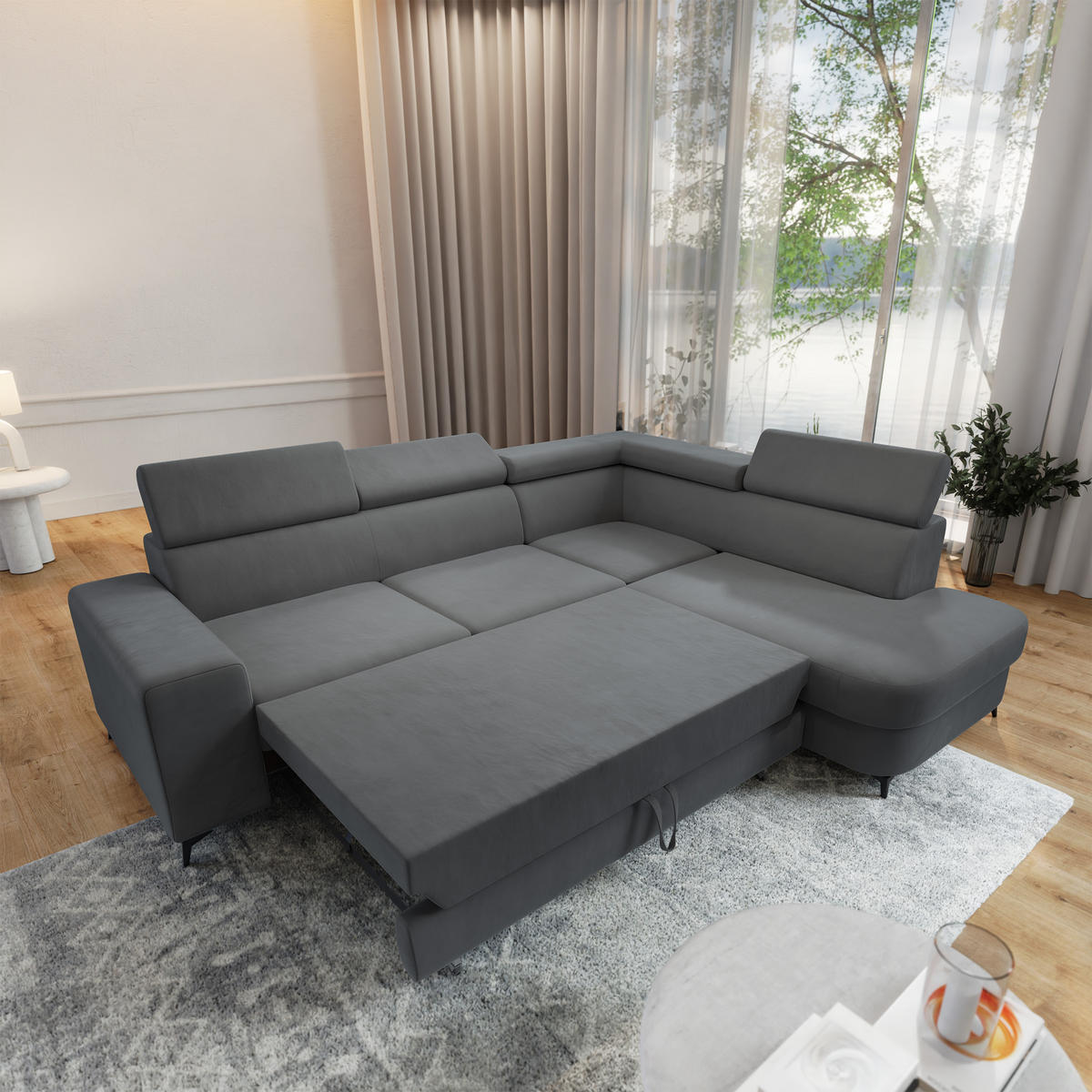 ECKSOFA ALVORO R-S Grau Velours-Stoff mit Schlaffunktion - Grau, Holz (253/190cm) - MASSENO