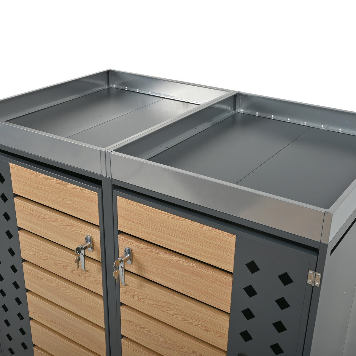 MÜLLTONNENBOX aus verzinktem Stahlblech in Grau/Holzoptik mit Pflanzgefäß 132x80x124,5 cm - Grau, Metall (132/124.5/80cm) - Modfu