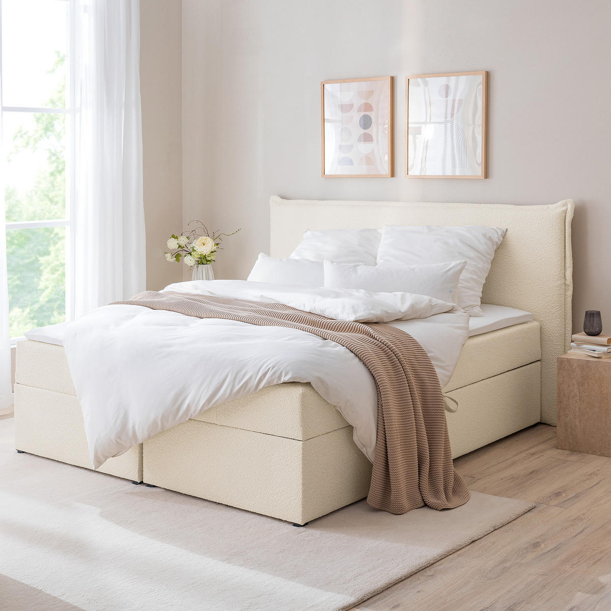 BOXBETT mit Stauraum - Bouclé - Creme, Holzwerkstoff/Textil (180/200cm) - home24