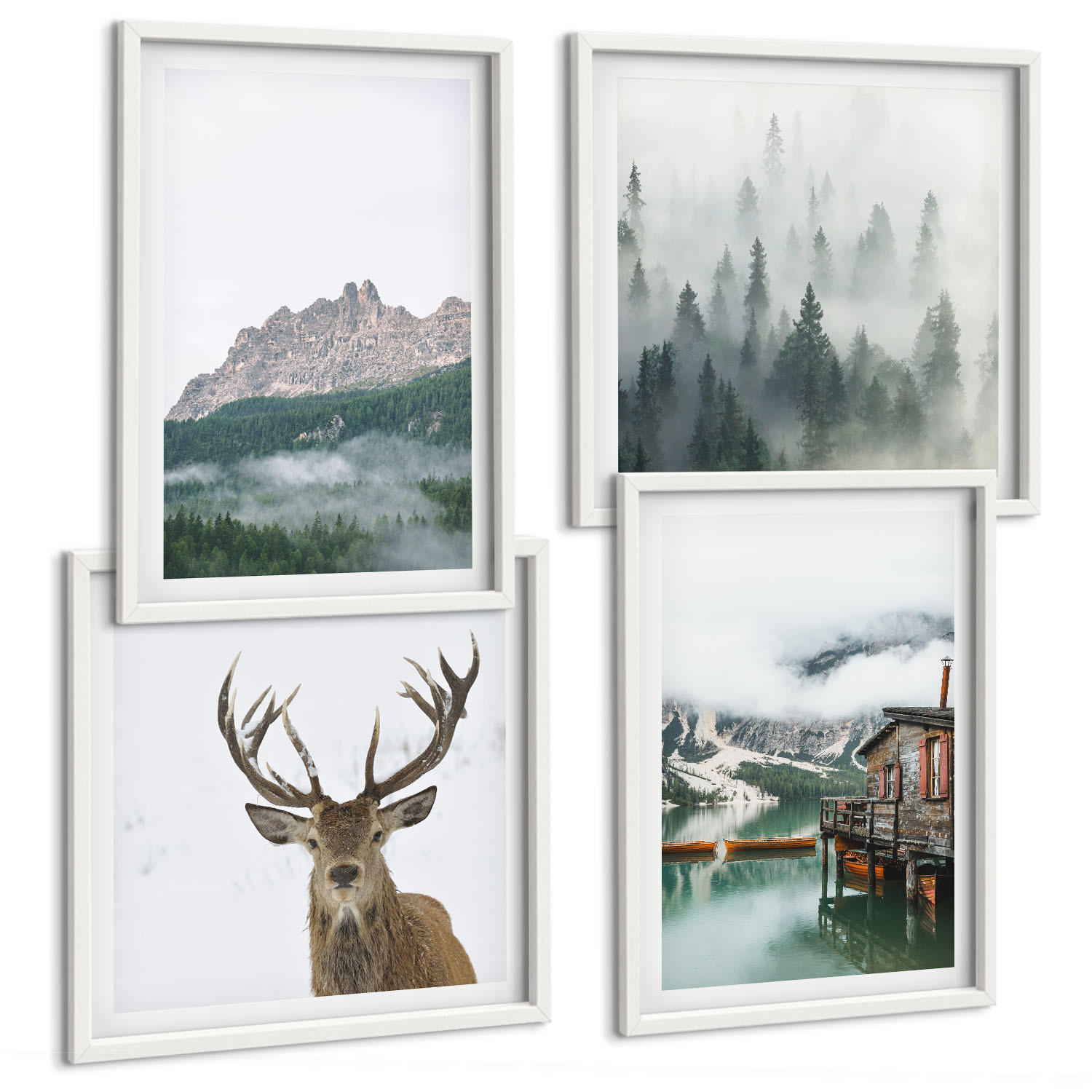BILDER SET 4er Set - 50x50 cm & 40x60 cm Weißer Rahmen - Berge, See, Hirsche, Hütte, Nebel - Weiß, Kunststoff (50/50cm) - TULUP