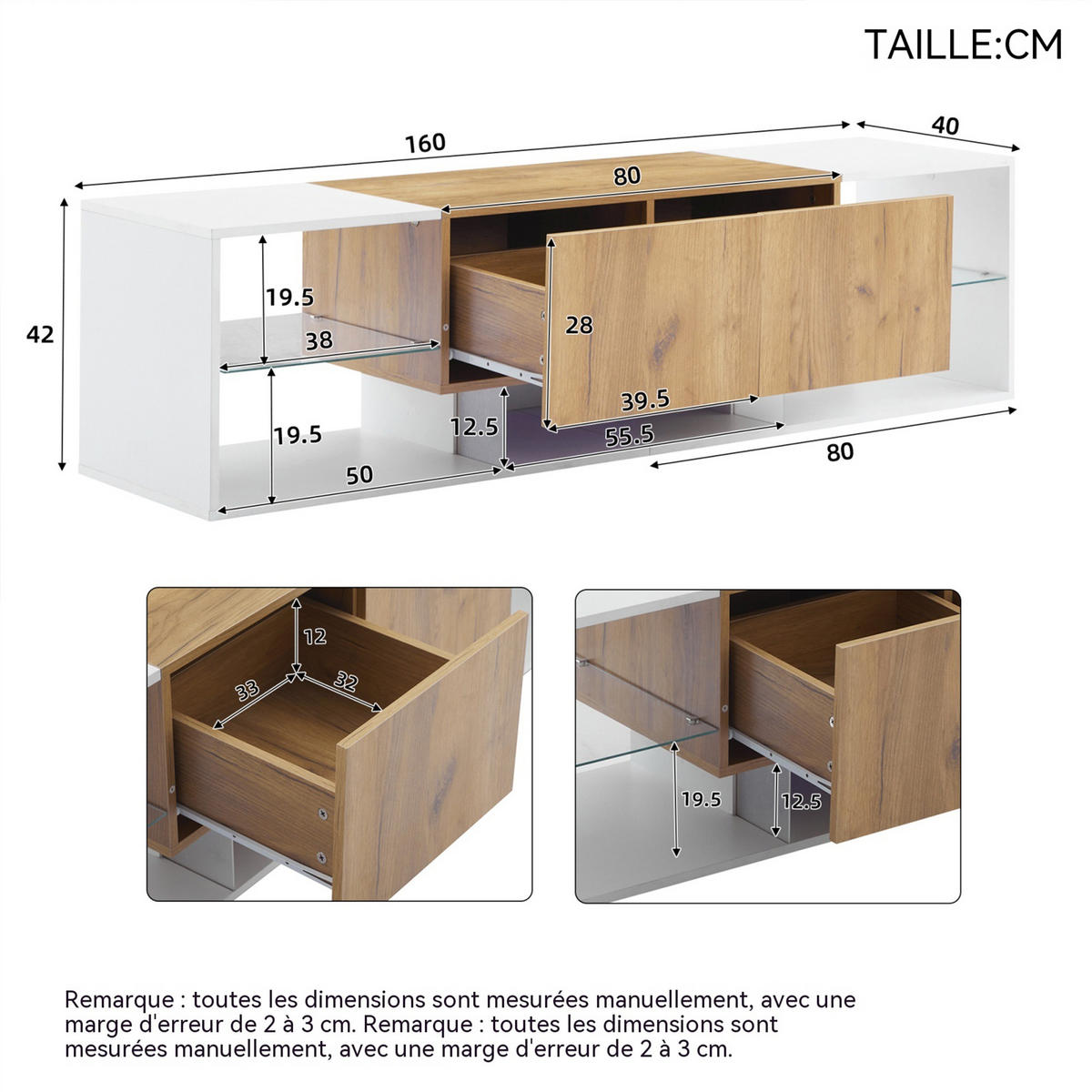 TV-ELEMENT mit Stauraum, LED und 2 Schubladen, moderner Stil, 160 x 40 x 42 cm - Multicolor, Glas/Holz (40/42/160cm) - GENKI LIVING