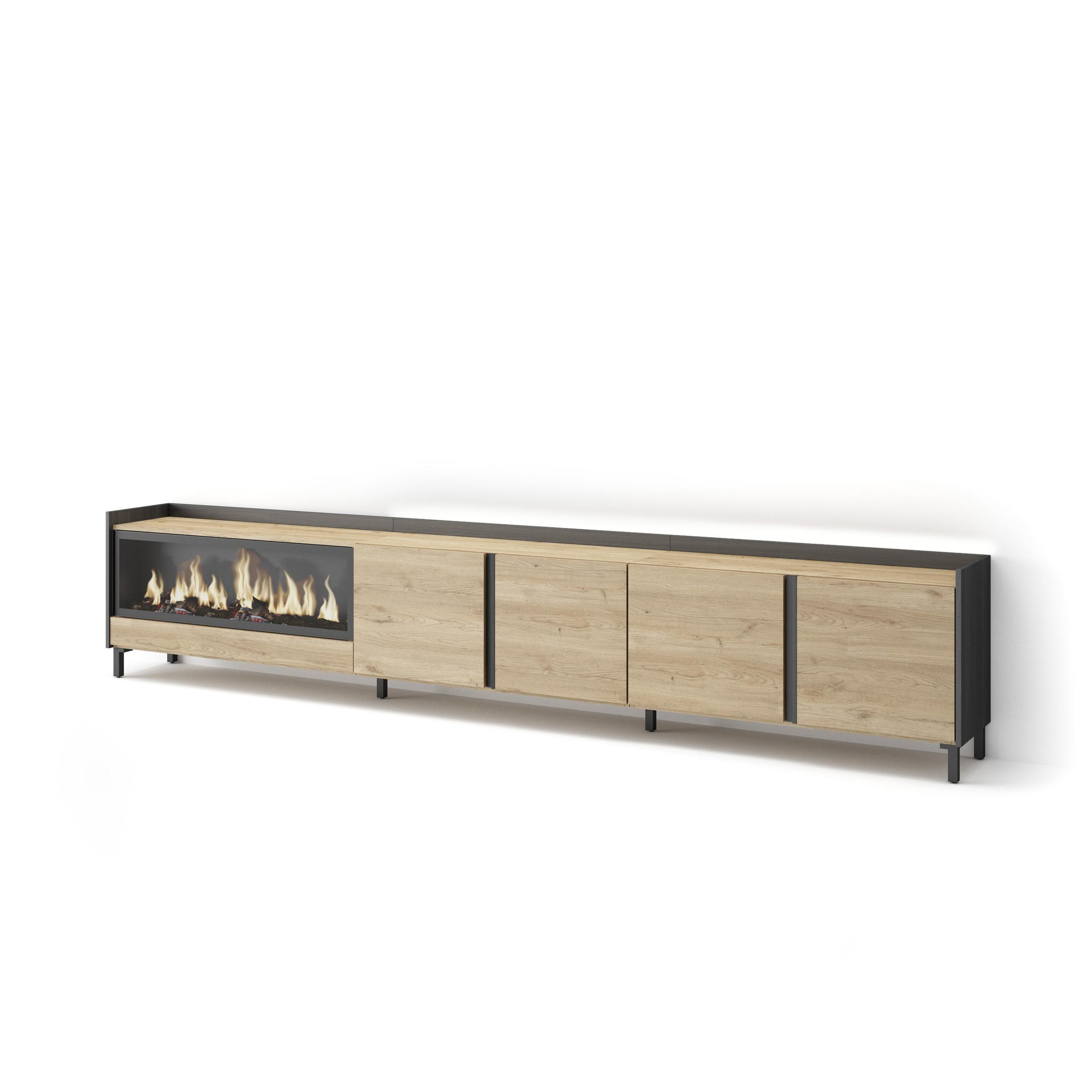 LOWBOARD, Eiche und Schwarz, 315/35/61cm, Kamin mit Feuereffekt XXL - Eichefarben, Holzwerkstoff (315/61/35cm) - Skraut Home