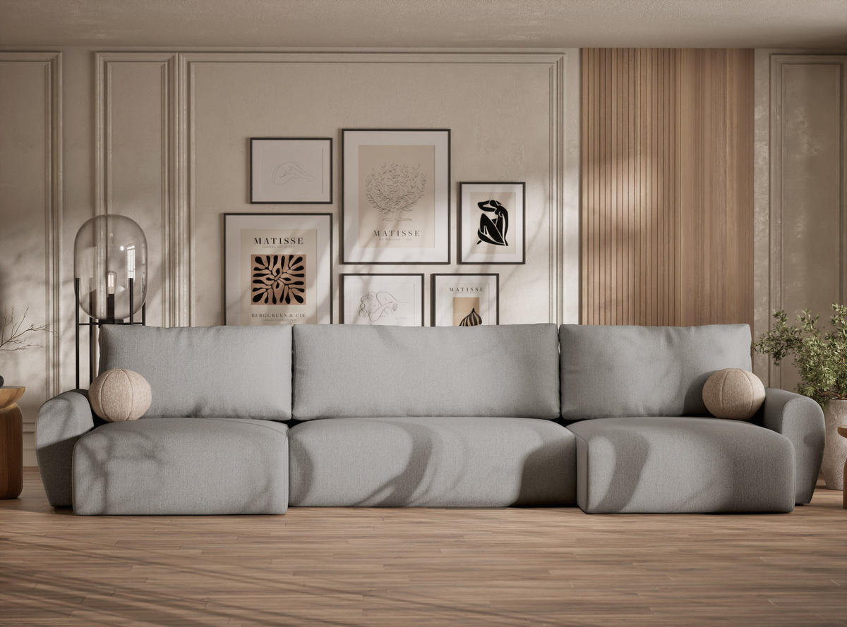 WOHNLANDSCHAFT MIT SCHLAFFUNKTION Numba Hellgrau Webstoff - Hellgrau/Schwarz, Holz/Holzwerkstoff (397/70/153cm) - Maison de Reve