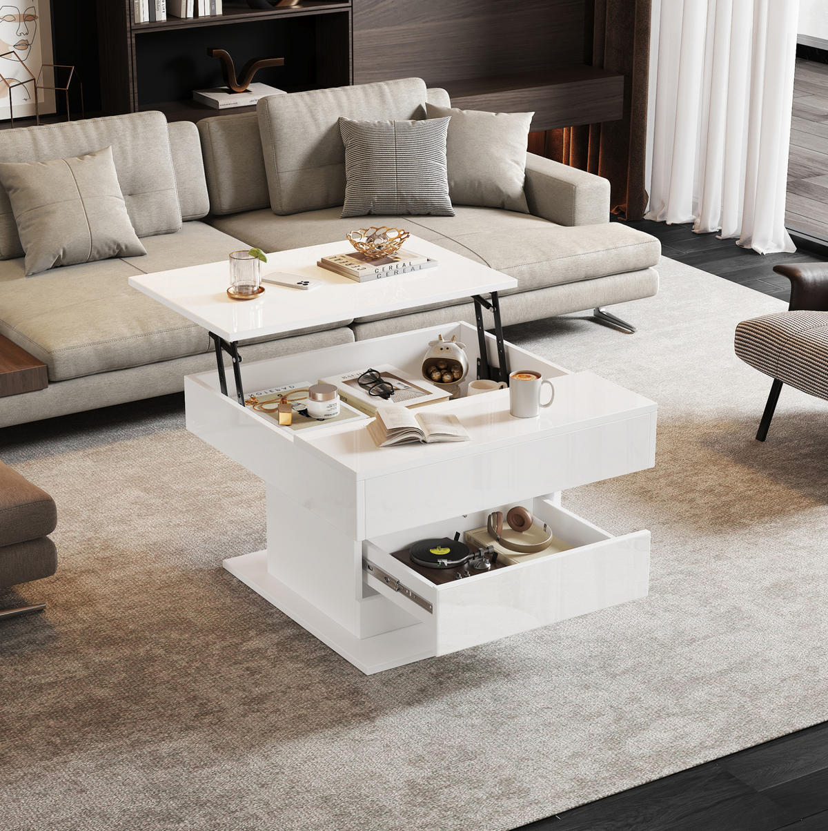 COUCHTISCH 70/70 cm höhenverstellbar mit 1 Schublade und 360° Drehfunktion - Weiß, Holzwerkstoff (70/70/45cm) - BEAOK