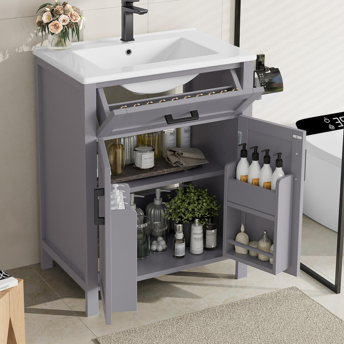 WASCHTISCHKOMBI 60/46/84,8 cm Grau aus Keramik und MDF mit Waschbecken - Grau, Holzwerkstoff (60/84.8/46cm) - OKMYHOME