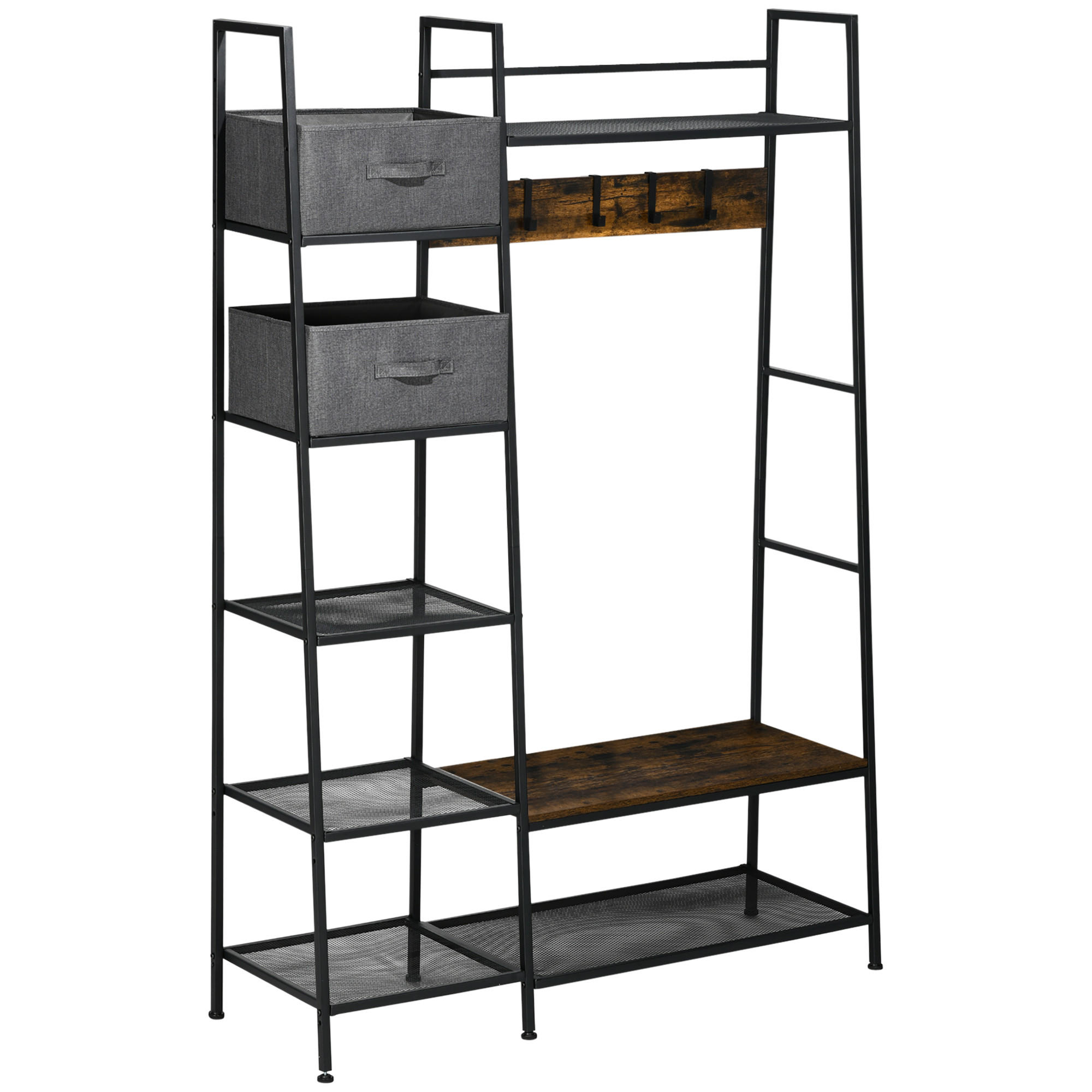 KLEIDERSTÄNDER DE-17204 6 Regale, 4 Haken, 2 Schubladen Schwarz/Natur - Braun, Metall (125/185.5/43cm) - ComfortXL