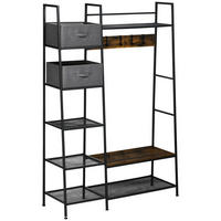KLEIDERSTÄNDER DE-17204 6 Regale, 4 Haken, 2 Schubladen Schwarz/Natur - Braun, Metall (125/185.5/43cm) - ComfortXL