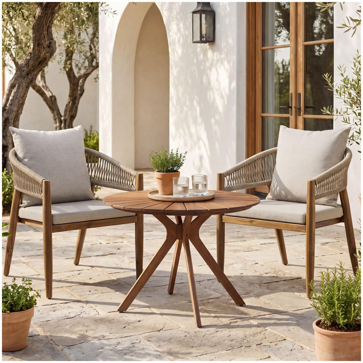 GARTENSET 3-teilig, höhenverstellbare Kunststofffüße, in Sandfarben - Sandfarben, Holz/Kunststoff - tectake