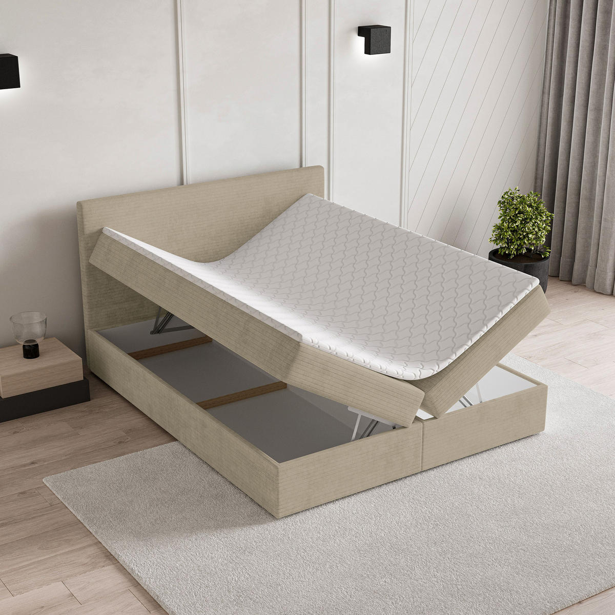 BOXBETT NIRA 140x200 cm mit Matratze und Topper - Beige - Beige, Holz (140/200cm) - MASSENO