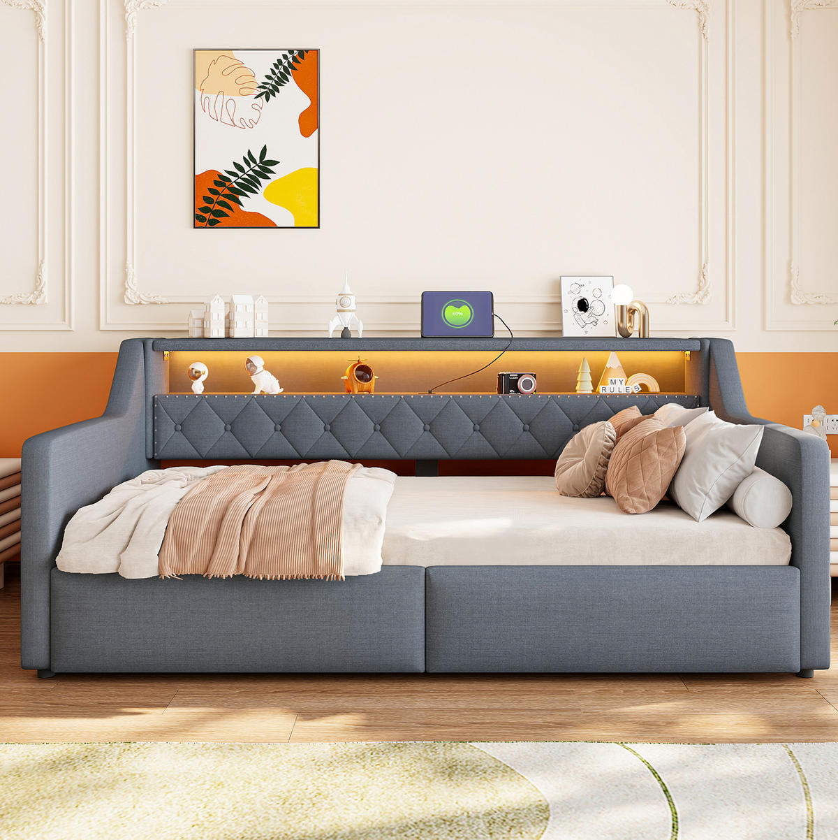 BETT 90/200 cm in Grau mit LED-Beleuchtung und Stauraum - Grau, Holzwerkstoff (90/200cm) - Flora Grace