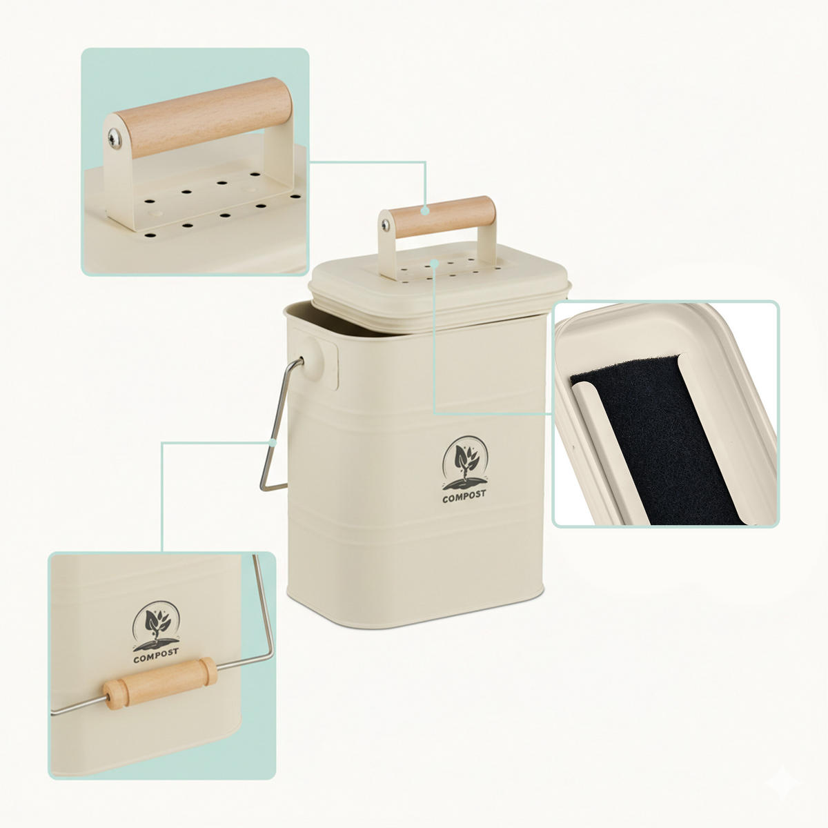 KÜCHEN-KOMPOSTEIMER - Creme, Holz/Textil (15.5/26/20cm) - Relaxdays