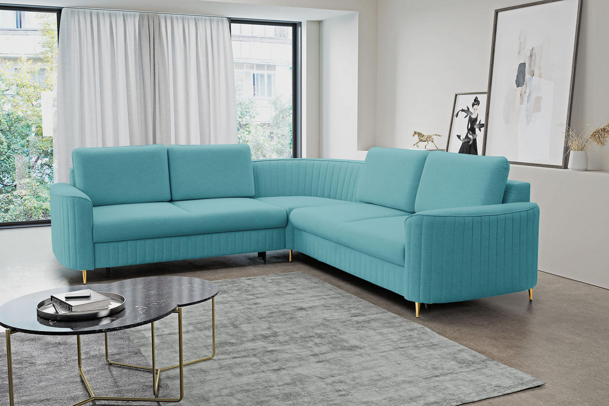 ECKSOFA LAREN, modernes Schlafsofa mit Stauraum, Plastikfüße, L-förmig, lose Rückenkissen freistehend, LINKS 251x252x85 cm Turquoise - Türkis, Holz/Textil (251/252cm) - DomoHome