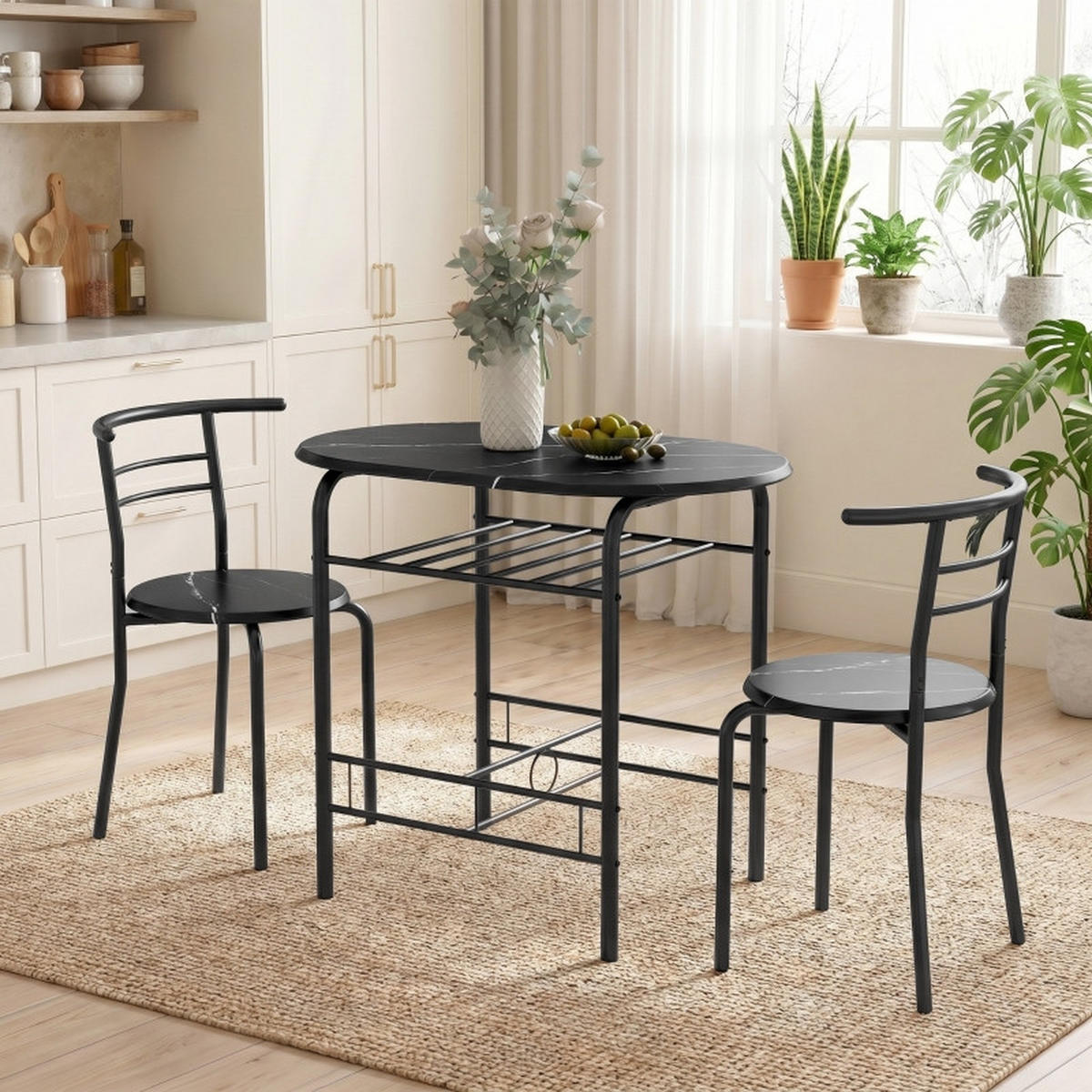 ESSGRUPPE DE-39304 80/52 cm Tisch mit 2 Stühlen Schwarz/Marmor - Schwarz, Holzwerkstoff (80/76/52cm) - ComfortXL
