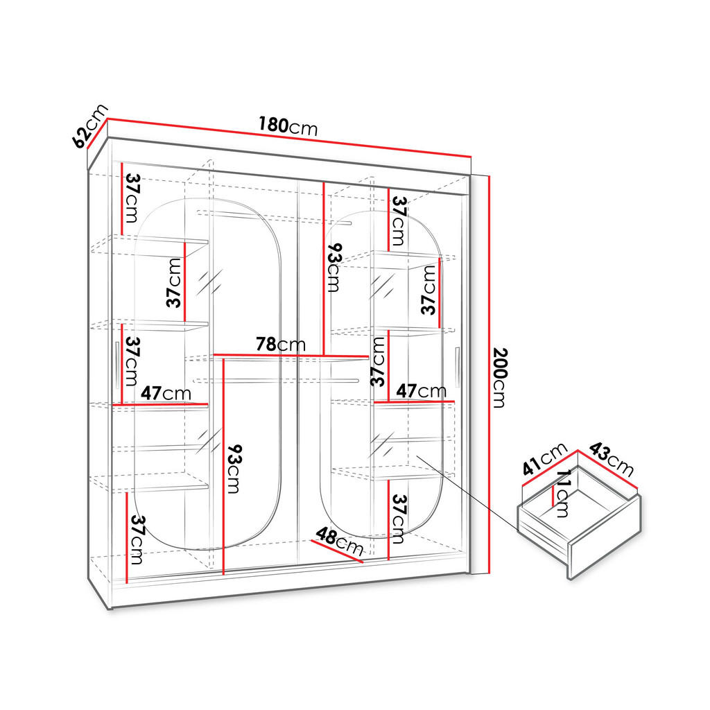 Thumbnail - Mirjan24 Schwebetürenschrank, Kaschmir, Kunststoff, 2 Schubladen, Rechteckig, 180x200x62 cm, Schlafzimmer, Kleiderschrän...