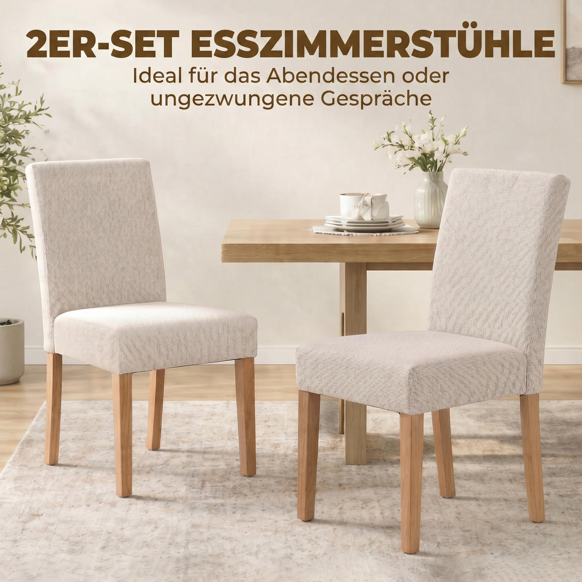 ESSZIMMERSTUHL 2er Set Polyester Gummibaumholz Creme - Creme/Naturfarben, Holz/Textil (46/88/56cm) - HOMCOM