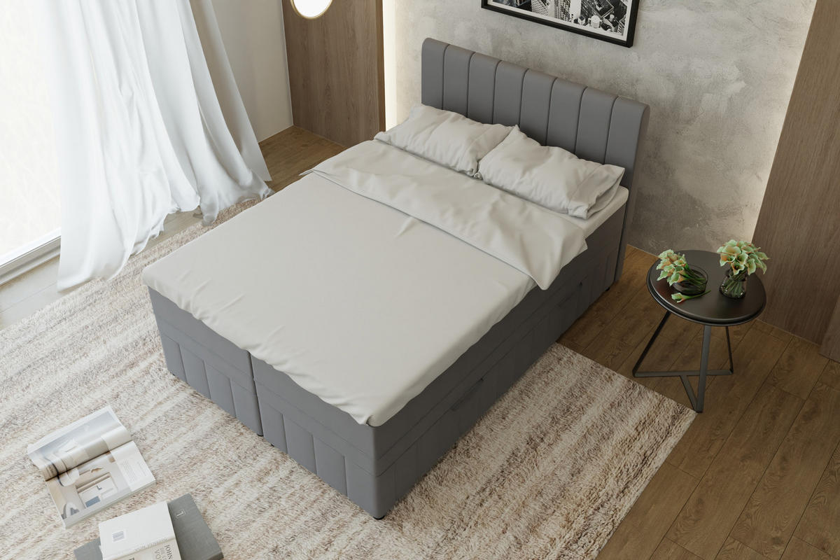 BOXBETT AVALON 140 x 200 cm mit Bettkasten und Topper - Dunkelgrau - Dunkelgrau, Holz - Panda Möbel