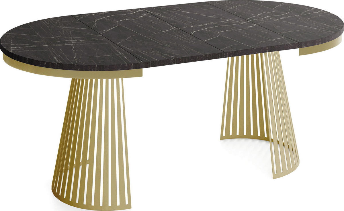 ESSTISCH Naro rund ausziehbar mit Goldem Lamellen-Metallgestell, Marmor Schwarz 120-200/120/76 cm - Anthrazit/Goldfarben, Holzwerkstoff/Metall (100/200/76cm) - WFL GROUP