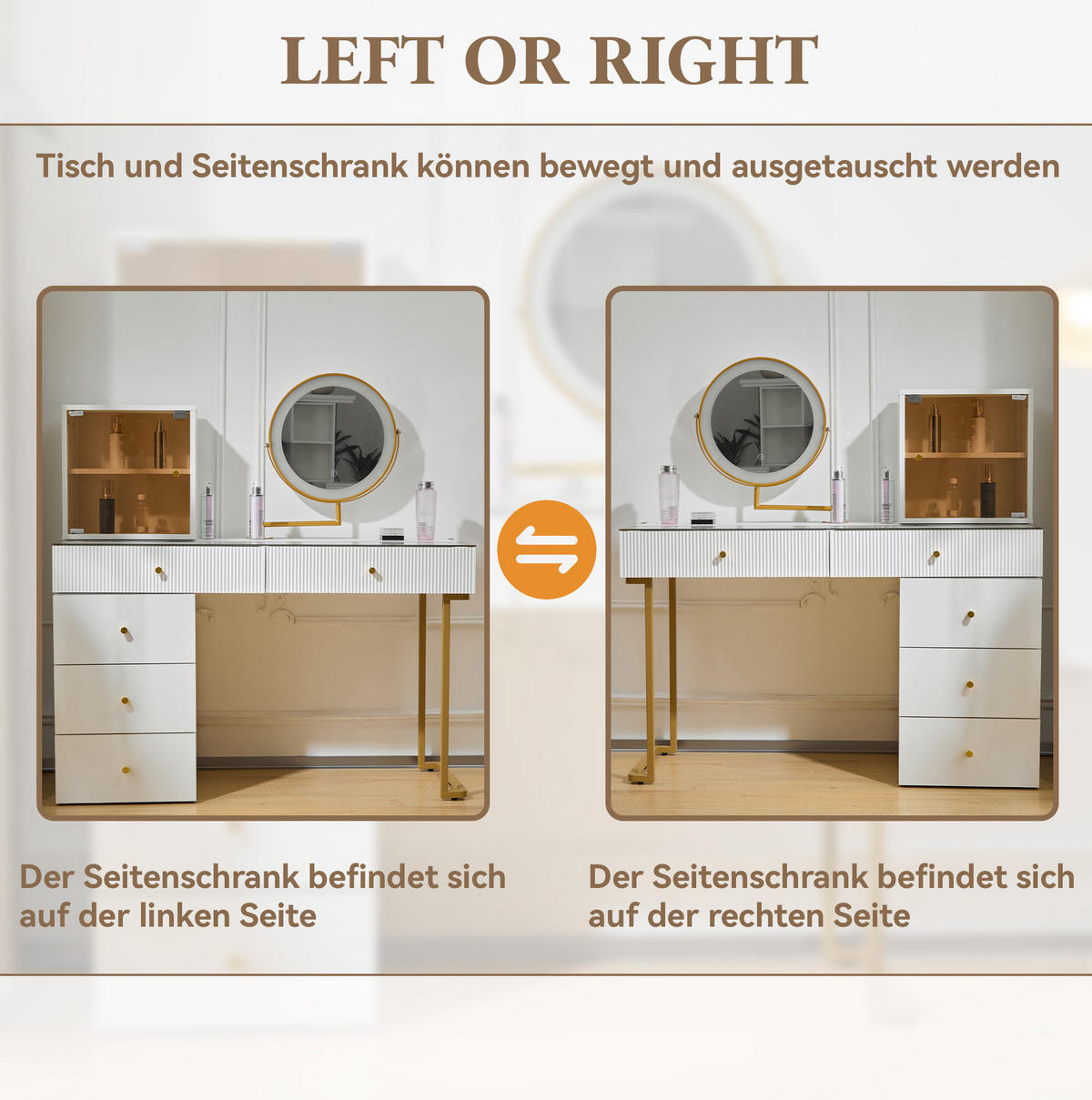 SCHMINKTISCH 120/45/115 cm in Weiß mit LED-Spiegel und flexiblem Seitenschrank - Weiß, Holzwerkstoff (45/115/120cm) - Flora Grace