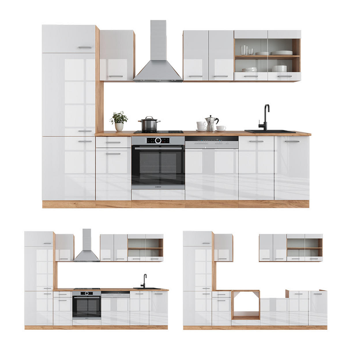 KÜCHE R-Line Weiß Hochglanz/Goldkraft Eiche 300 cm, AP Marmor - Weiß Hochglanz/Eiche Wotan, Holzwerkstoff (300/81.6/60cm) - Vicco