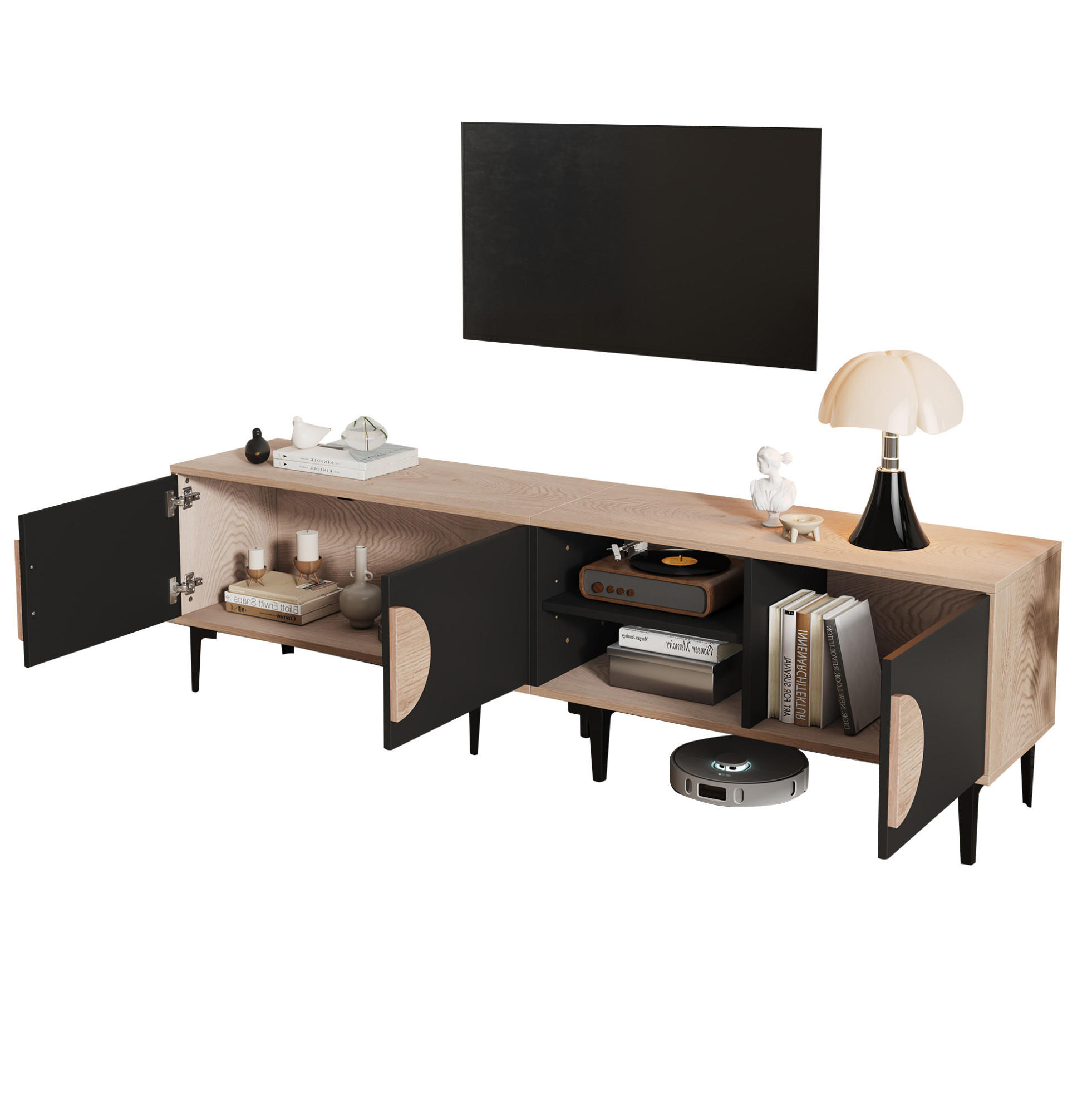 TV-LOWBOARD aus Spanplatte 180x35x49 cm Naturholz/Schwarz mit 3 Türen und offenen Fächern - Schwarz, Holzwerkstoff (180/49/35cm) - IVMEU