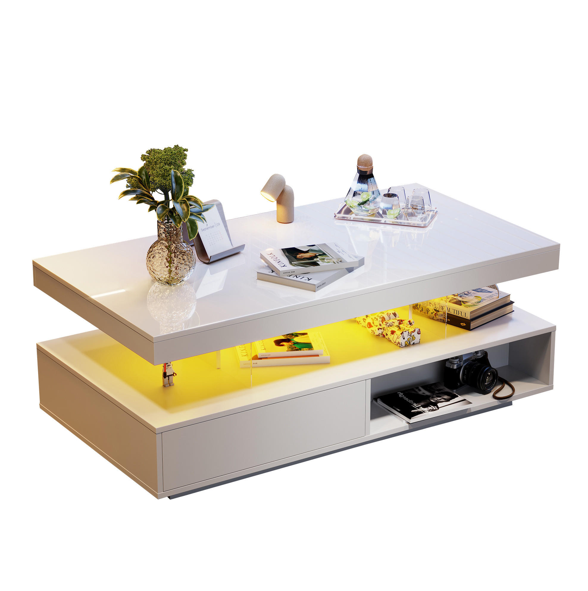 COUCHTISCH aus Spanplatte 95x50x42,5 cm Weiß mit LED-Beleuchtung, 2 Schubladen, 2 offenen Fächern und Glaseinsätzen - Weiß, Holzwerkstoff (90/50/42.5cm) - Modfu