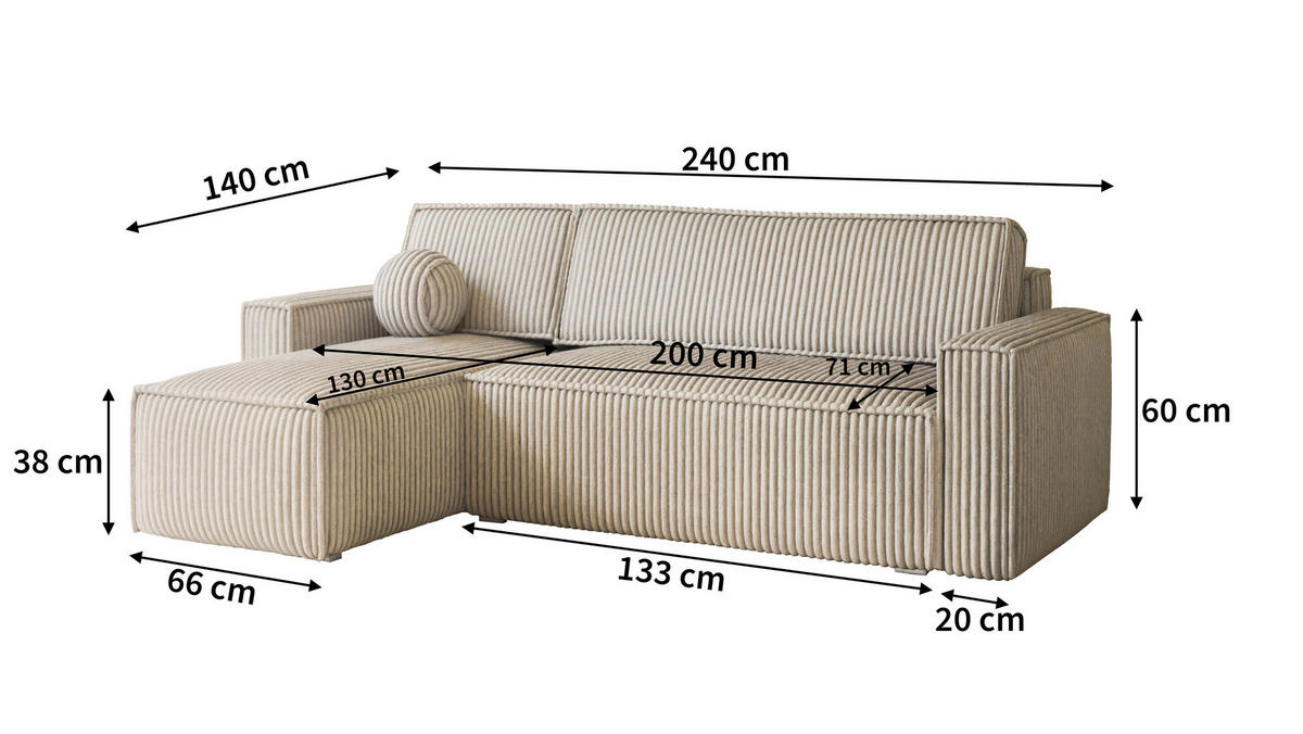 ECKSOFA RAVELO T Hellgrau Kordstoff mit Schlaffunktion - Hellgrau, Holz (240/140cm) - MASSENO