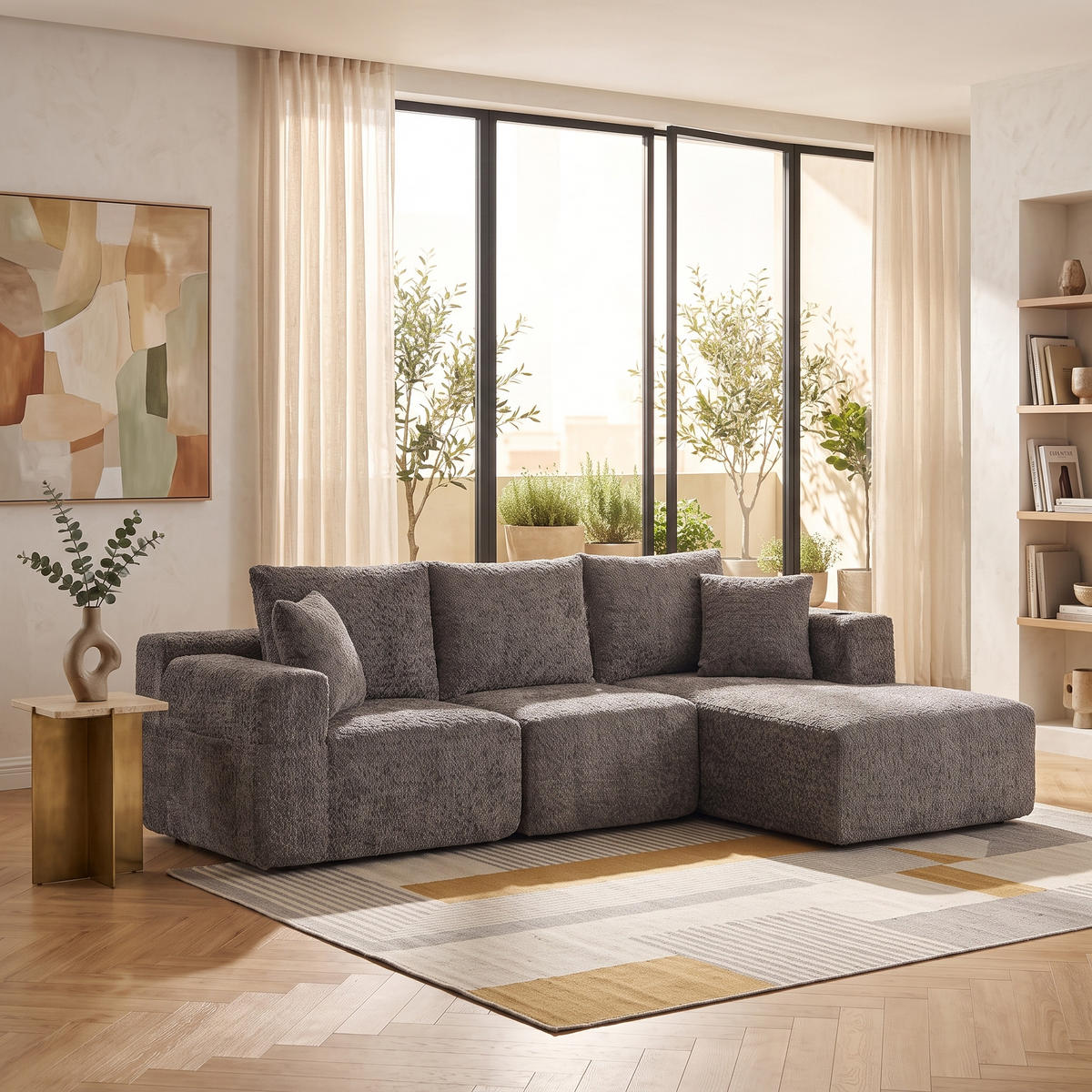 ECKSOFA Modulares L-Form Chenille mit Getränkehalter & Memory-Schaum 261cm - Dunkelgrau, Textil (261/165cm) - Urban Meuble