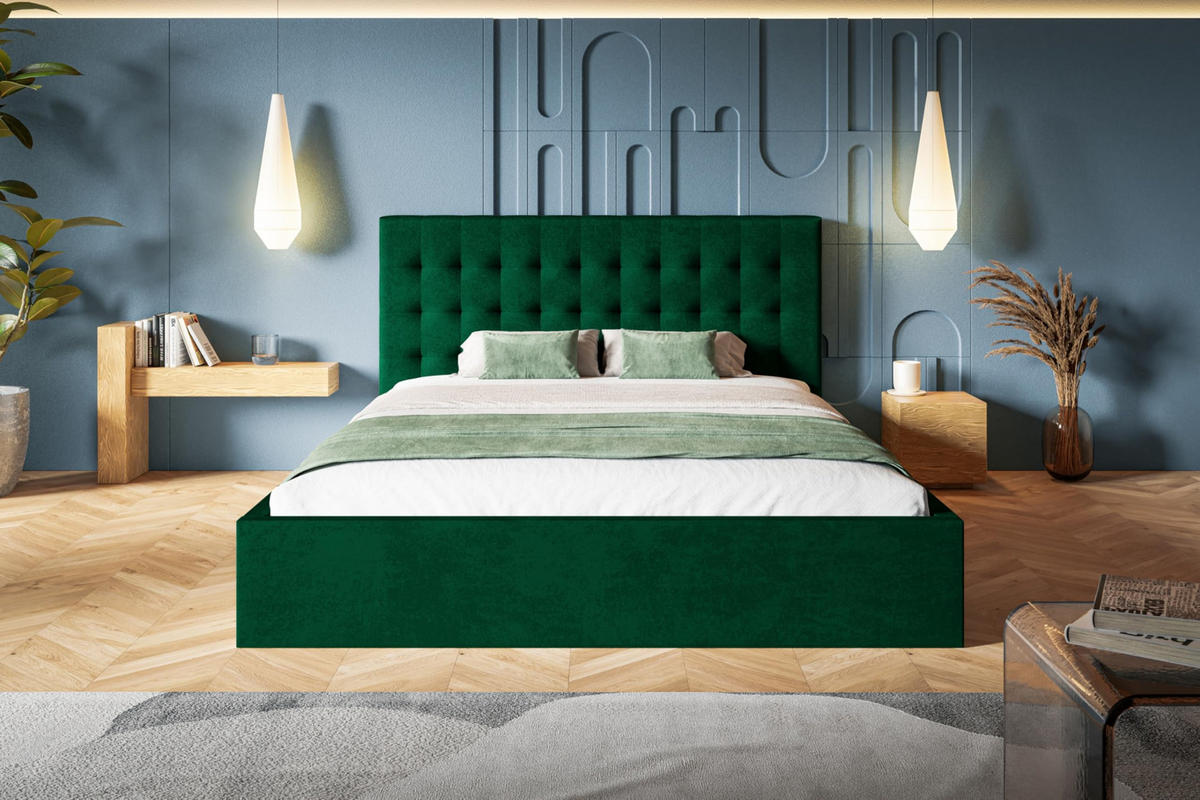 BETT 140x200 - Polsterbett mit Bettkasten und Metallrahmen - Modern Betten - Glatter Kronos-Stoff- Kollektion Rio, Grün - Grün, Holz/Textil (140/200cm) - Alpi-Möbel