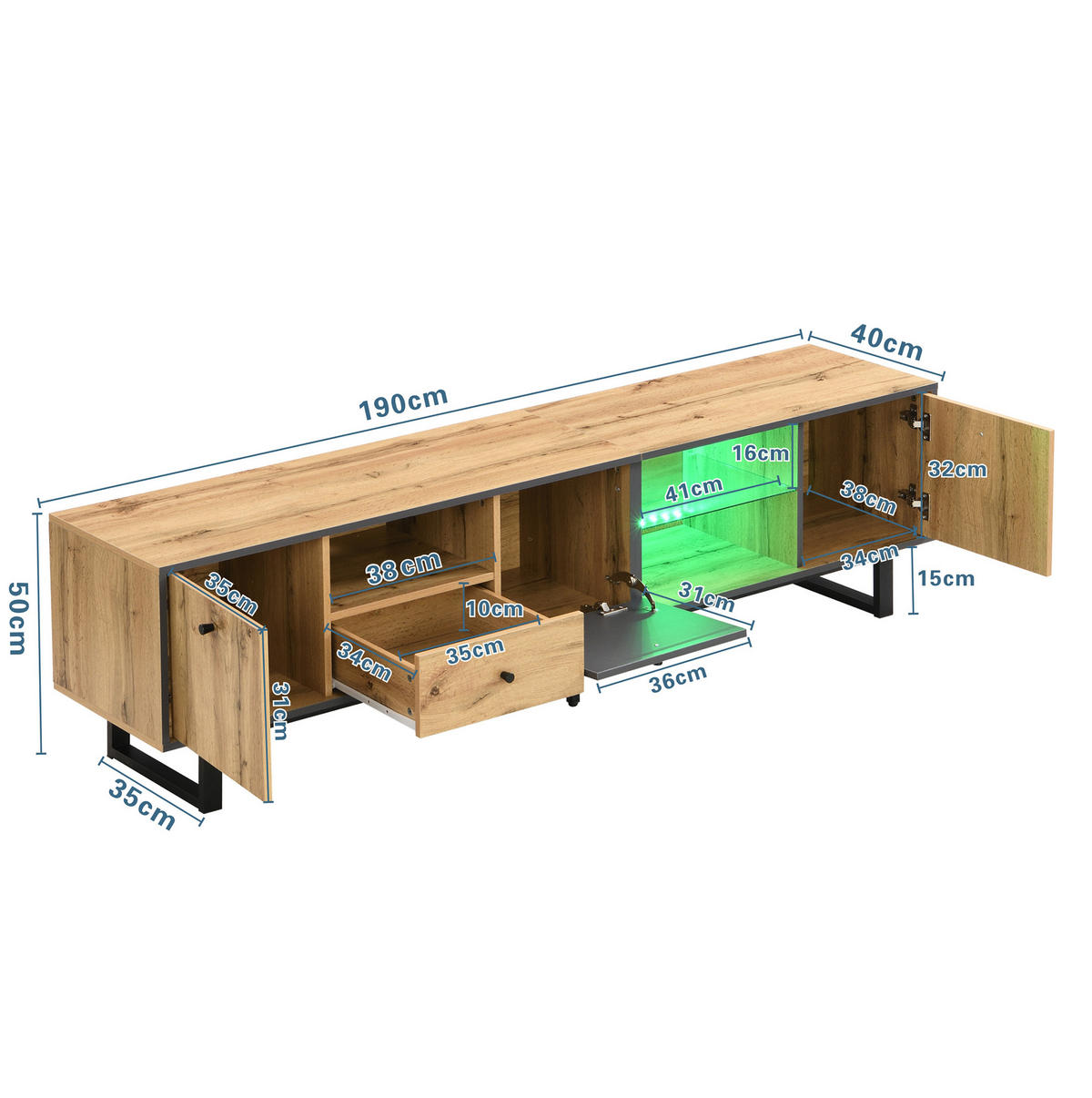 TV ormarić 190/40/50 cm prirodni i antracit od iverice s LED rasvjetom i staklenim policama - prirodne boje, drvni materijal (190/50/40cm) - OKWISH