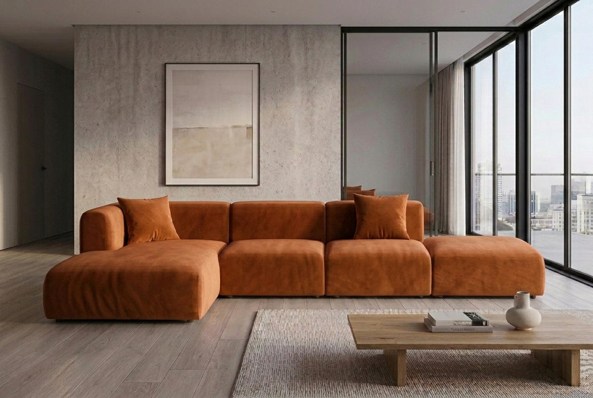 ECKSOFA L-Form Mit Hocker, Velvet-Stoff Bluvel, Zimtfarbe, Links, GRETA - Orange, Holz (386/179cm) - Kaiser Möbel