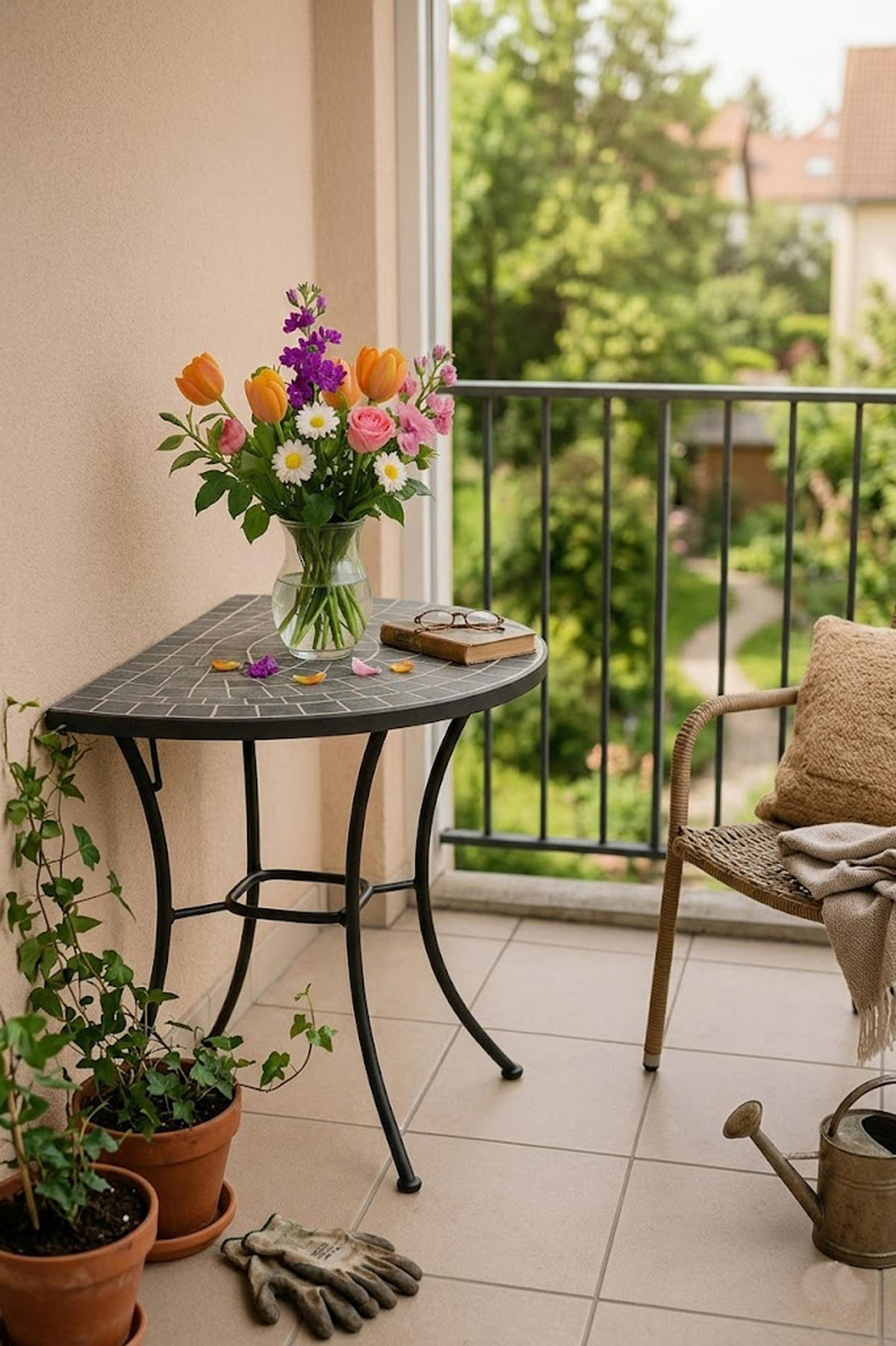 WANDTISCH Derby halbrund mit Mosaik-Tischplatte grau/weiss - Gestell aus schwarz pulverbeschichtetem Eisen - Schwarz, Metall (45/90/75cm) - TPFGarden
