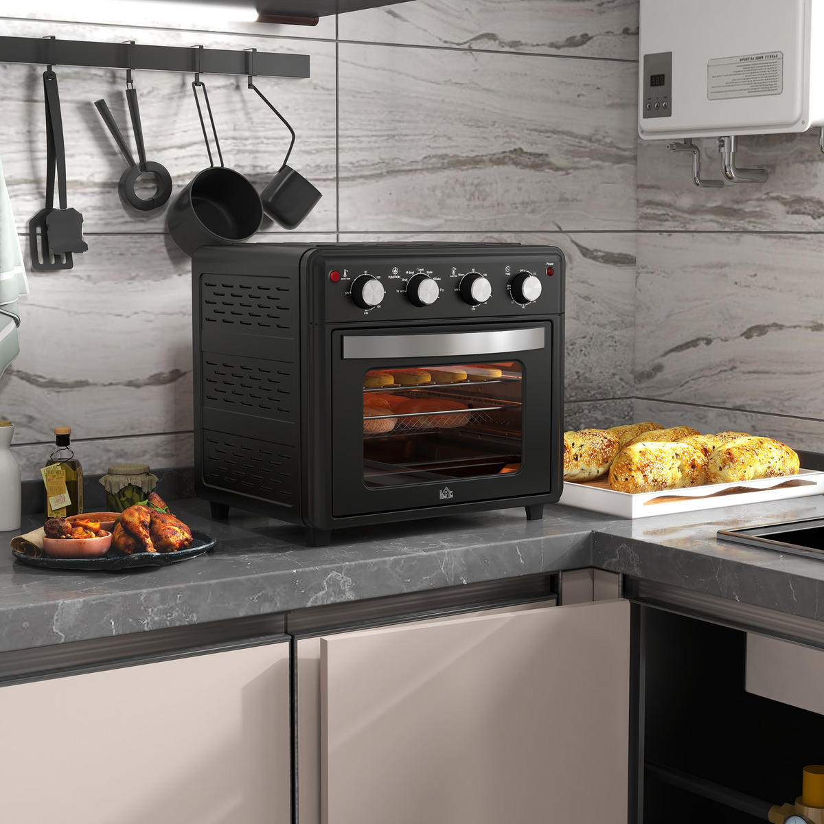 MINIBACKOFEN 30L mit Umluft & Heißluftfritteuse, 7 Modi Mini Ofen mit Backblech, Grillrost, Frittierkorb & Timer - Schwarz, Metall (43/39/39cm) - Beaface