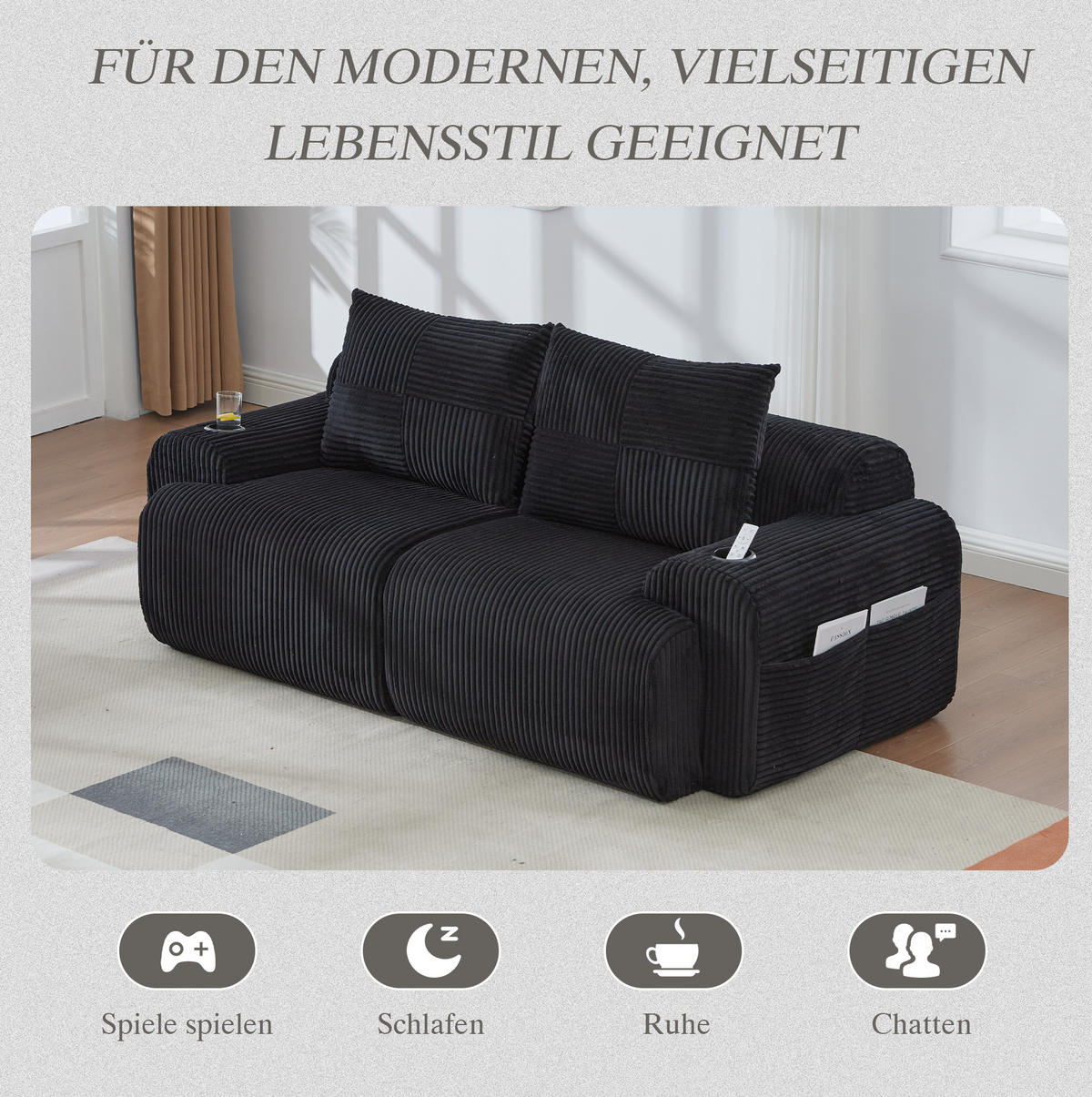2-SITZER Sofa aus Cord 200x99x80 cm in Schwarz mit Cupholder & Seitentasche - Schwarz, Textil (99/80/200cm) - Modfu