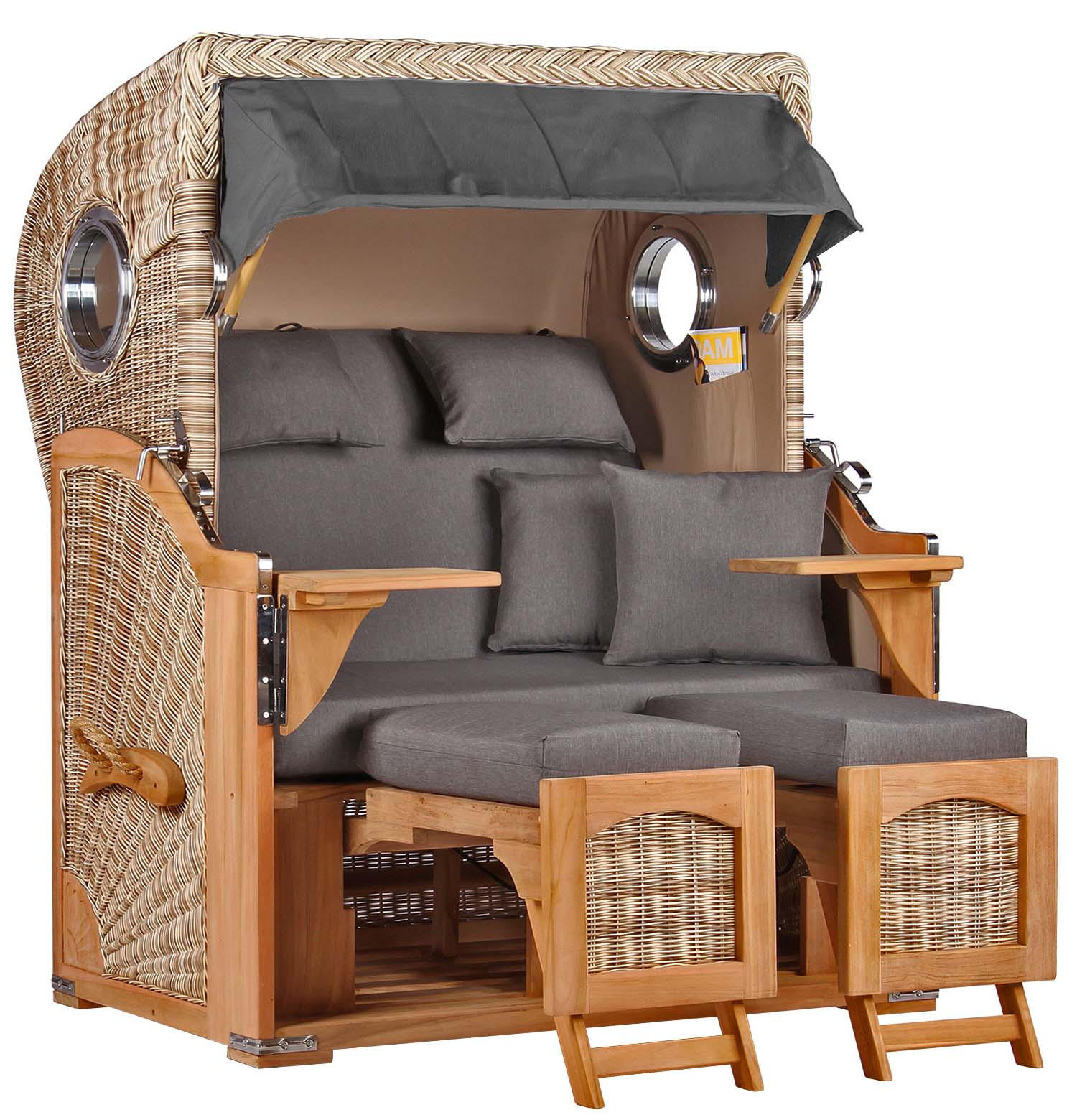 STRANDKORB Düne Bullauge Teak PE Shell Dessin 570 - Braun/Grau, Metall (125/170/80cm) - Mr. Deko