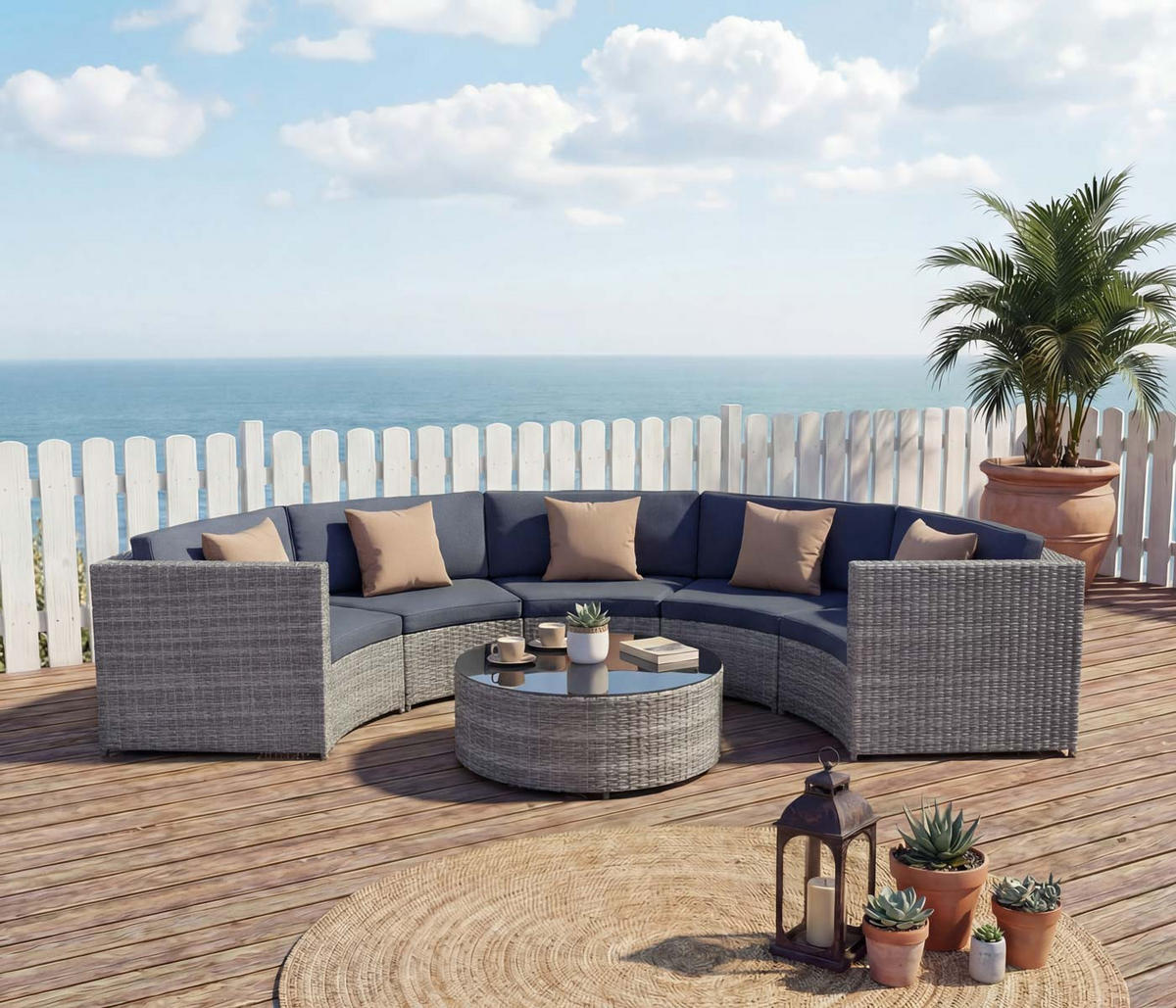 POLY-RATTAN GARNITUR RUND Grau, Anthrazit, Beige - Anthrazit/Beige, Kunststoff - MCW