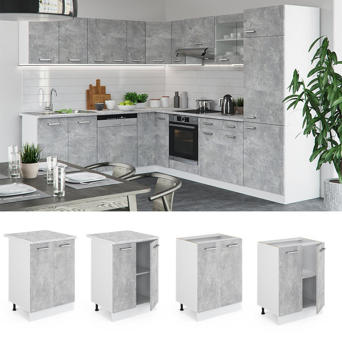 KÜCHENUNTERSCHRANK R-Line Beton 60 cm , AP Eiche - Weiß/Grau, Holzwerkstoff (60/81.6/60cm) - Vicco