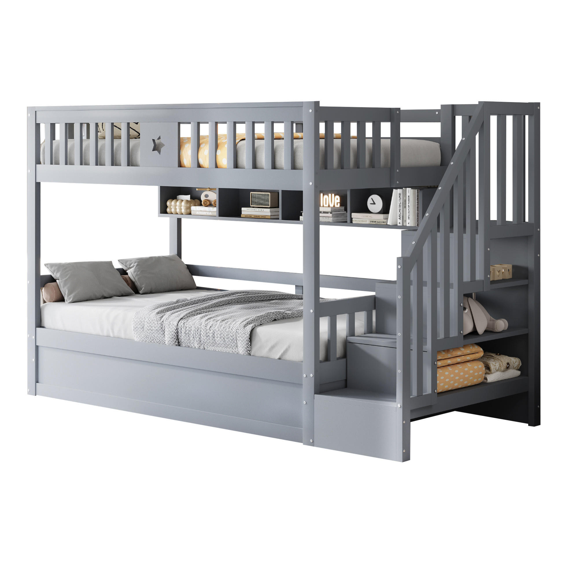 HOCHBETT 90/200 cm aus Holz mit Stauraumtreppe, Regal und Leiter, Grau - Grau, Holz (90/200cm) - OKMYHOME