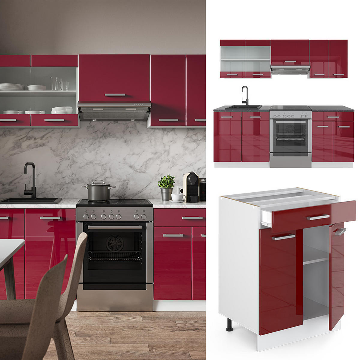 KÜCHENZEILE R-Line Bordeaux Hochglanz/Weiß 200 cm, AP Eiche - Bordeaux/Weiß, Holzwerkstoff (200/81.6/60cm) - Vicco