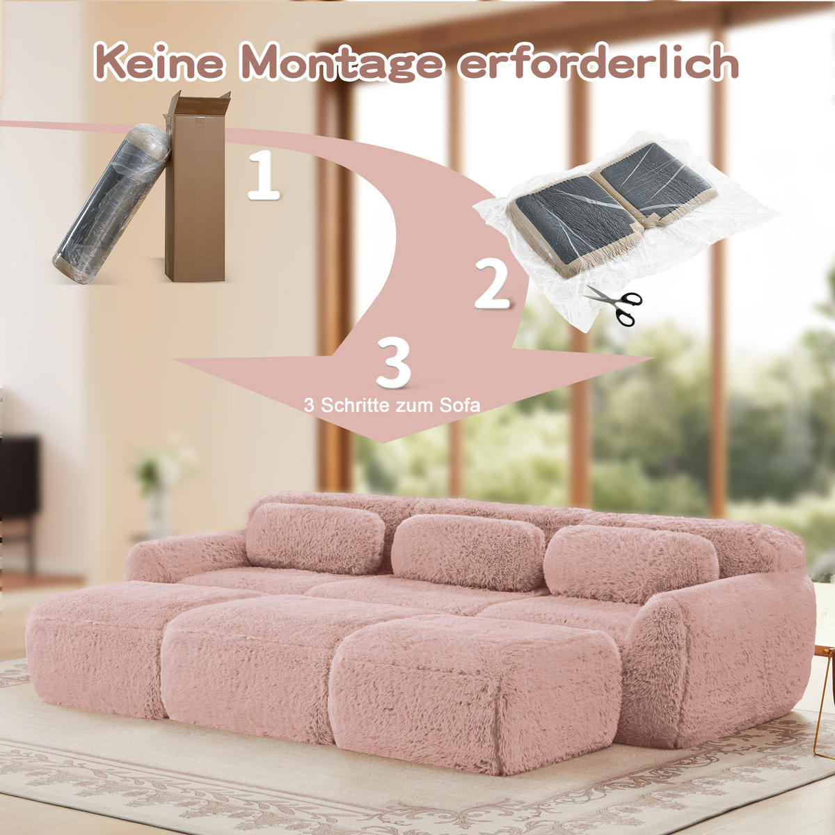 SCHLAFSOFA 3-Sitzer aus Plüschstoff mit 3 Hockern, Rosa - Rosa, Textil (291/73/179cm)