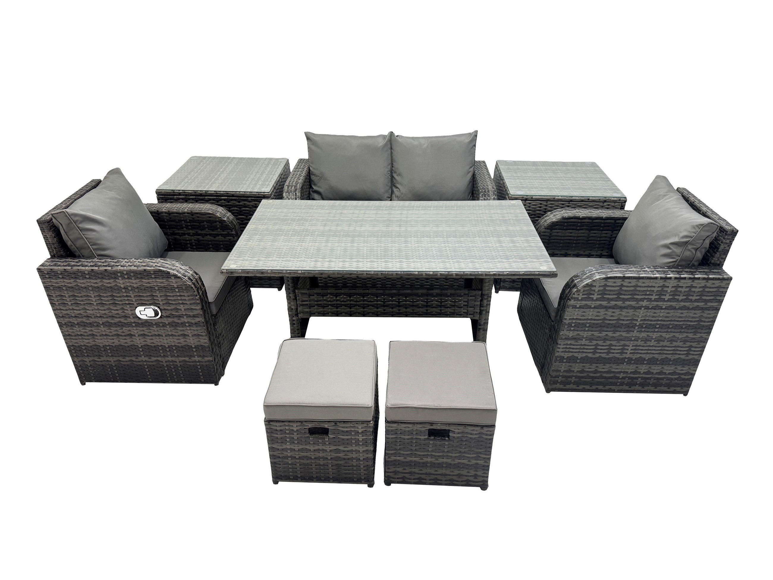 GARTENMÖBEL SET mit Hocker,Beistelltischen,Zweisitzer Polyrattan 6-Sitzer - Dunkelgrau/Grau, Glas/Kunststoff - Fimous