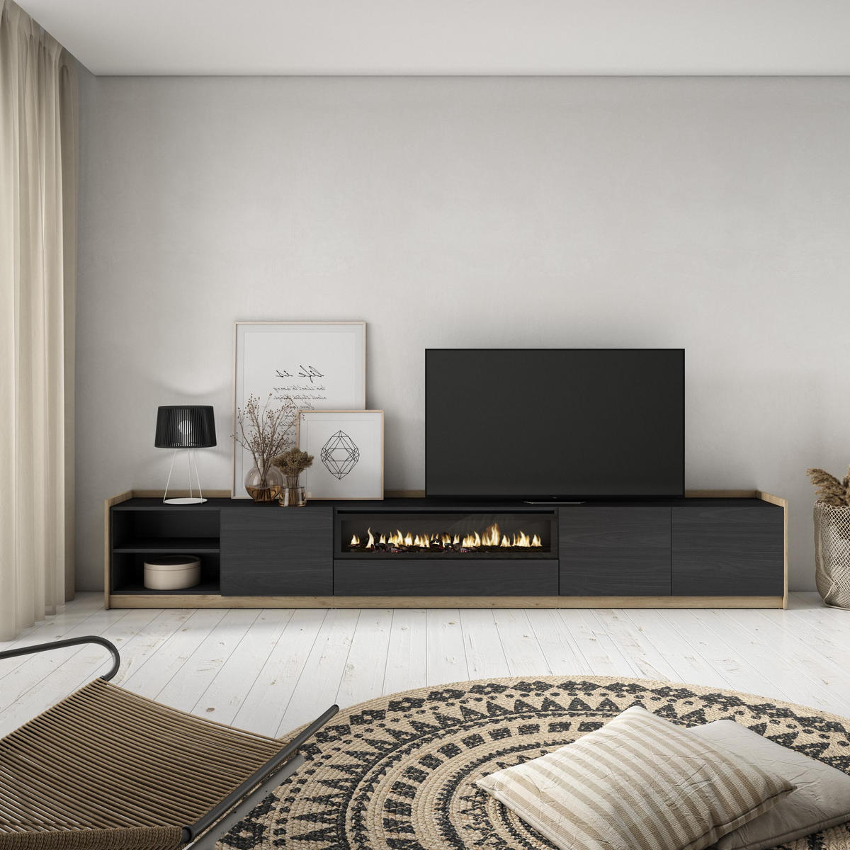 TV-SCHRANK, Lowboard, Schwarz Eiche, Elektrokamin, 310/37/50cm - Schwarz, Holzwerkstoff (310/50/37cm) - Skraut Home