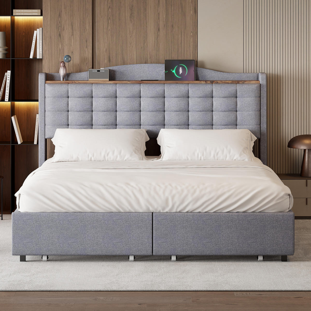 POLSTERBETT 160x200 USB Nachttisch 4 Schubladen Leinen Grau - Grau, Holzwerkstoff - FLIEKS