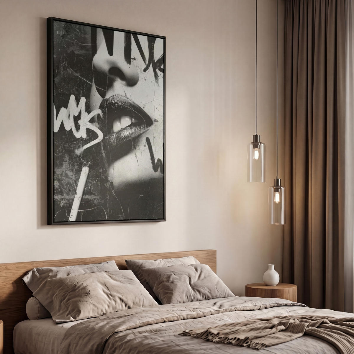 LEINWAND Bilder mit Rahmen - Gesicht - Mund - Graffiti - Schwarz - 60x90 - Schwarz, Textil (60/90cm) - MuchoWow