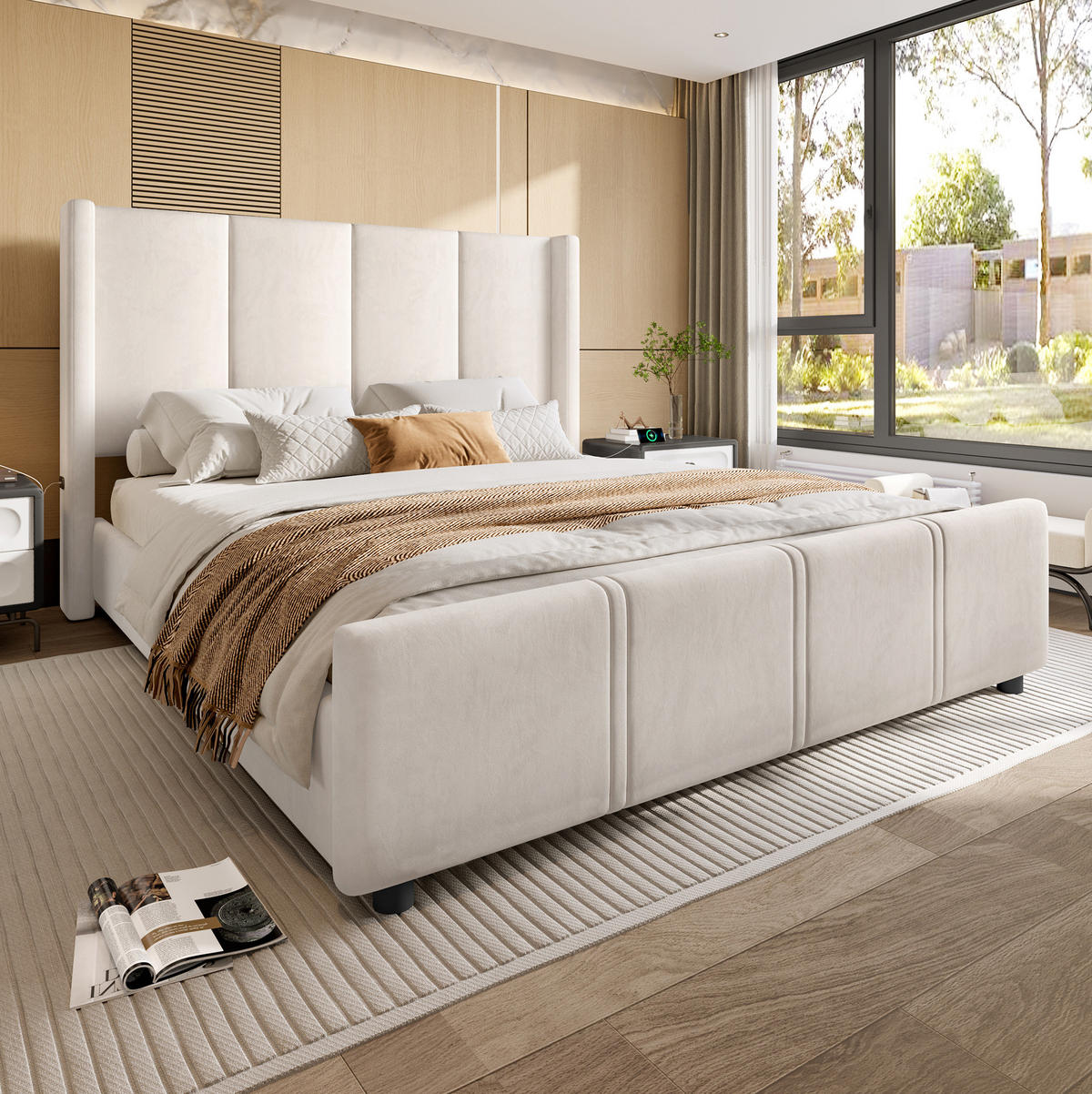 POLSTERBETT 140/200 cm aus Samt mit USB-Anschlüssen und hohem Kopfteil Beige - Beige, Textil (140/200cm) - Modenvie
